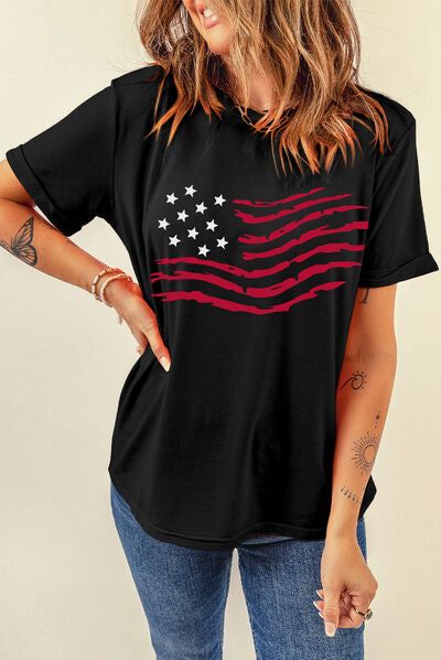 US Flag Round Neck Short Sleeve T-Shirt - Patriotic & Stylish