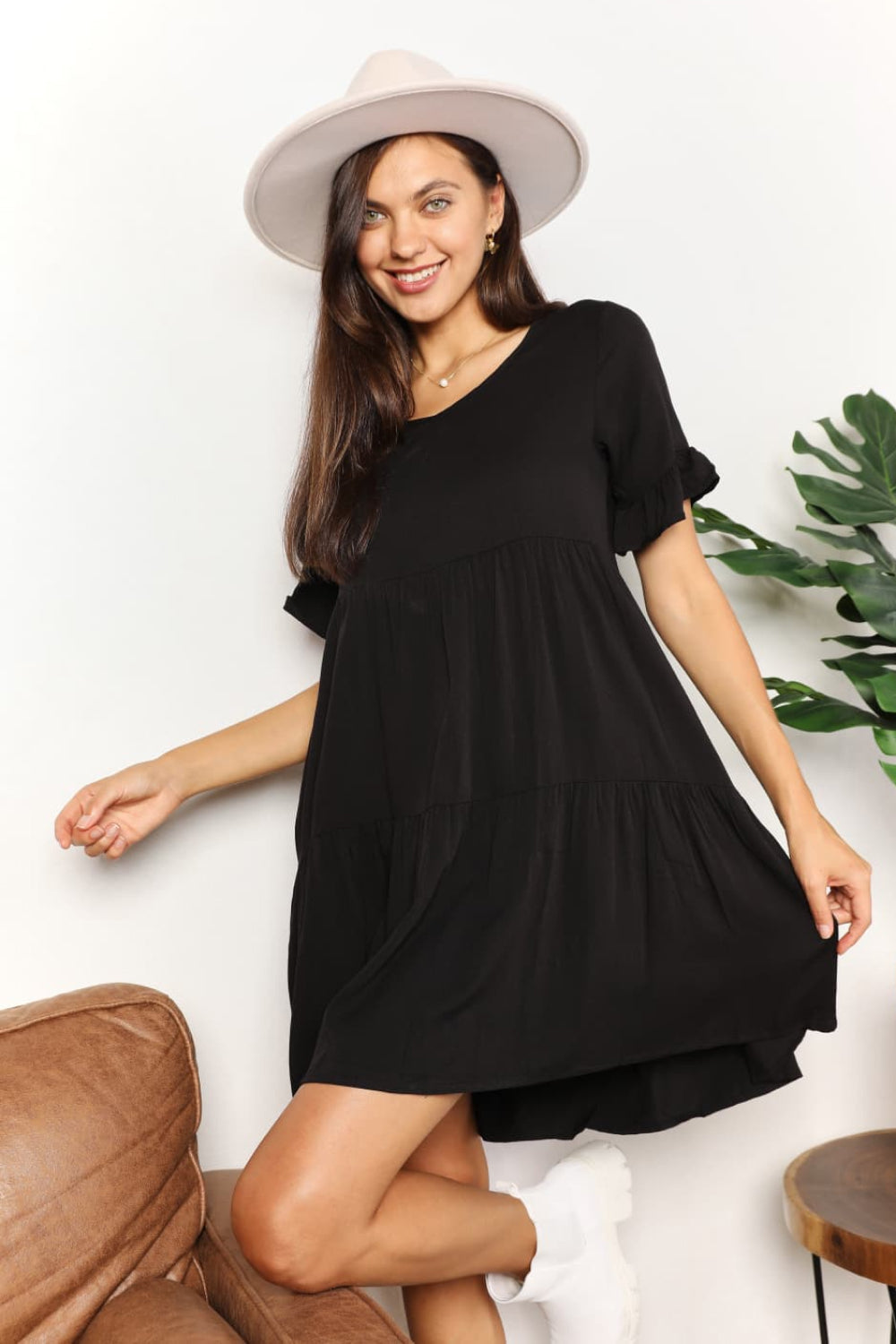 Mandy V-Neck Flounce Sleeve Tiered Dress Black