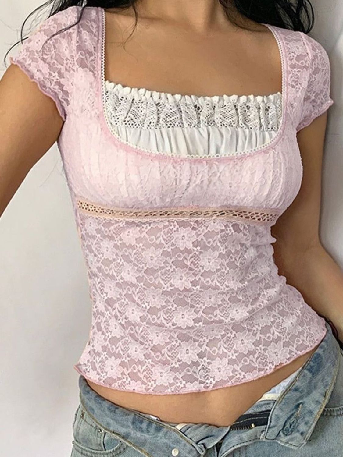 Devine Lace Square Neck Short Sleeve Top - Elegant & Feminine