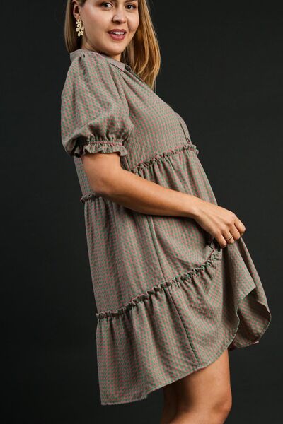 Umgee Full Size Plaid Frill Button Detail Ruffled Short Sleeve Dress