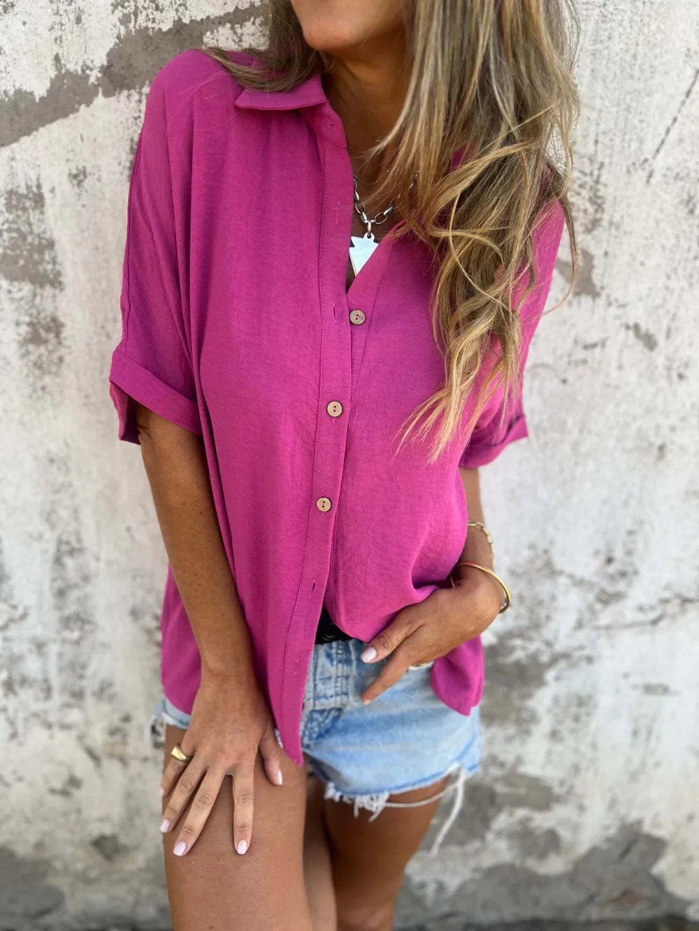 Full Size Collared Neck Half Sleeve Shirt Plus Size Deep Rose