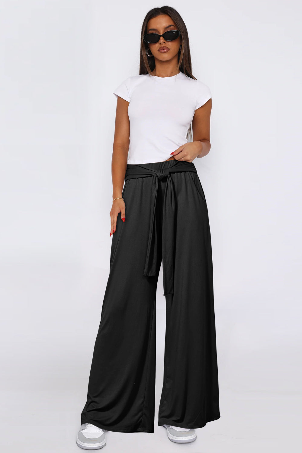 Tied Pocketed Wide-Leg Pants - Chic & Comfortable Black