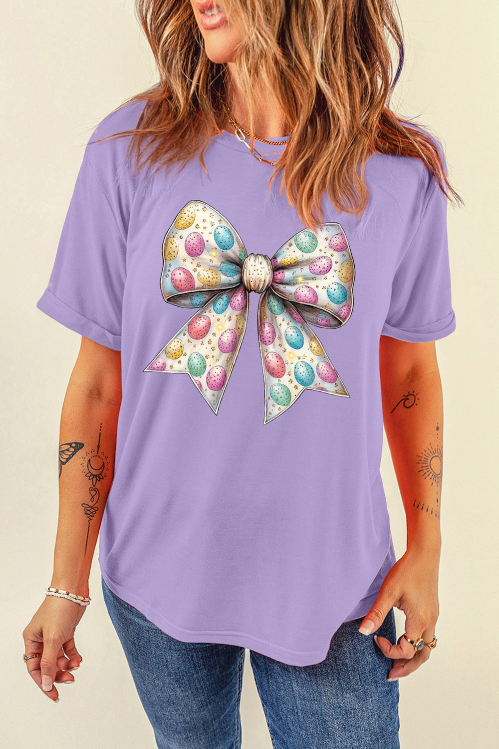 Bow Graphic Round Neck T-Shirt - Cute & Trendy Casual Tee