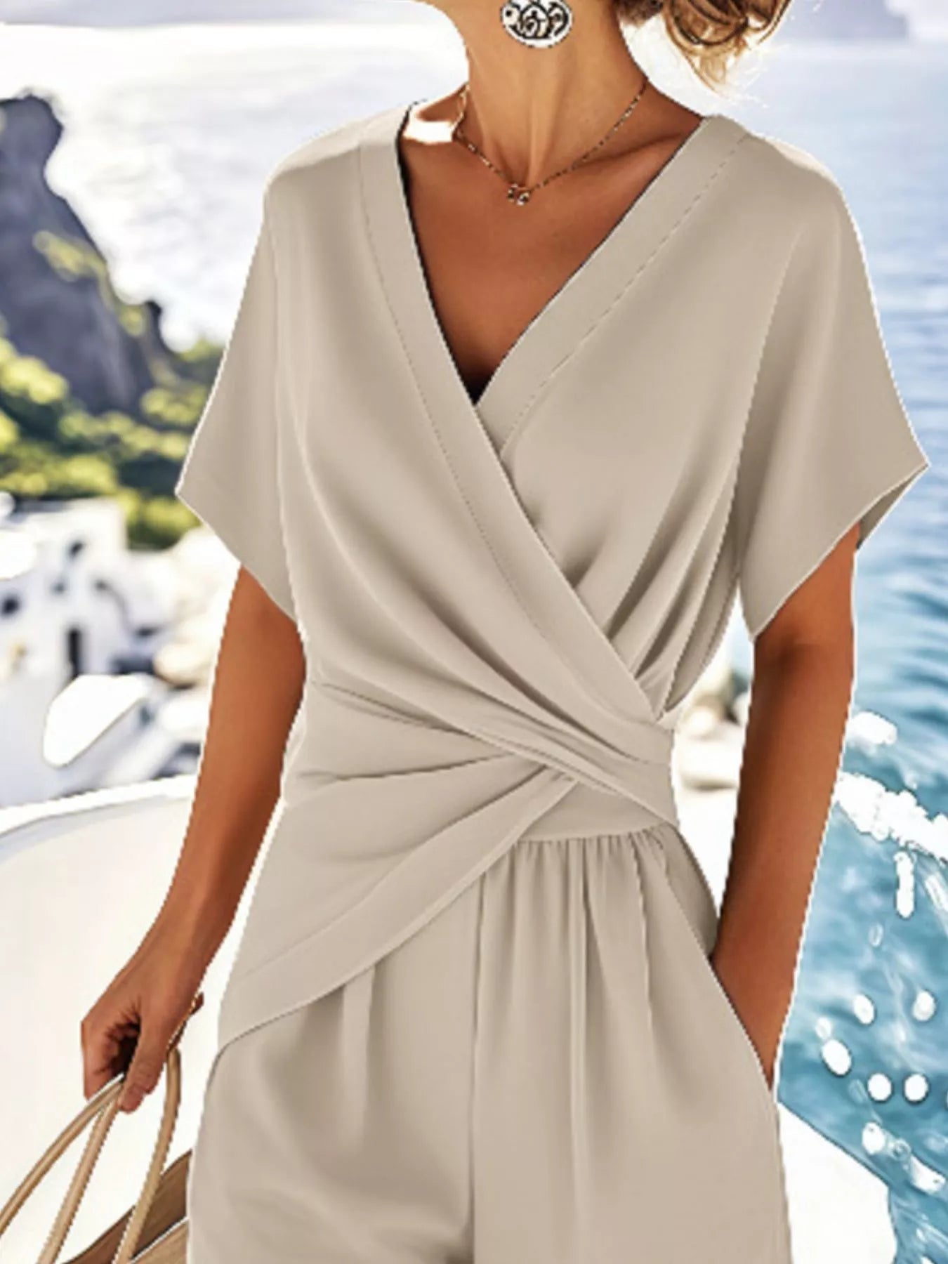 Full Size Surplice V-Neck Short Sleeve Top & Pants Set – Plus Size