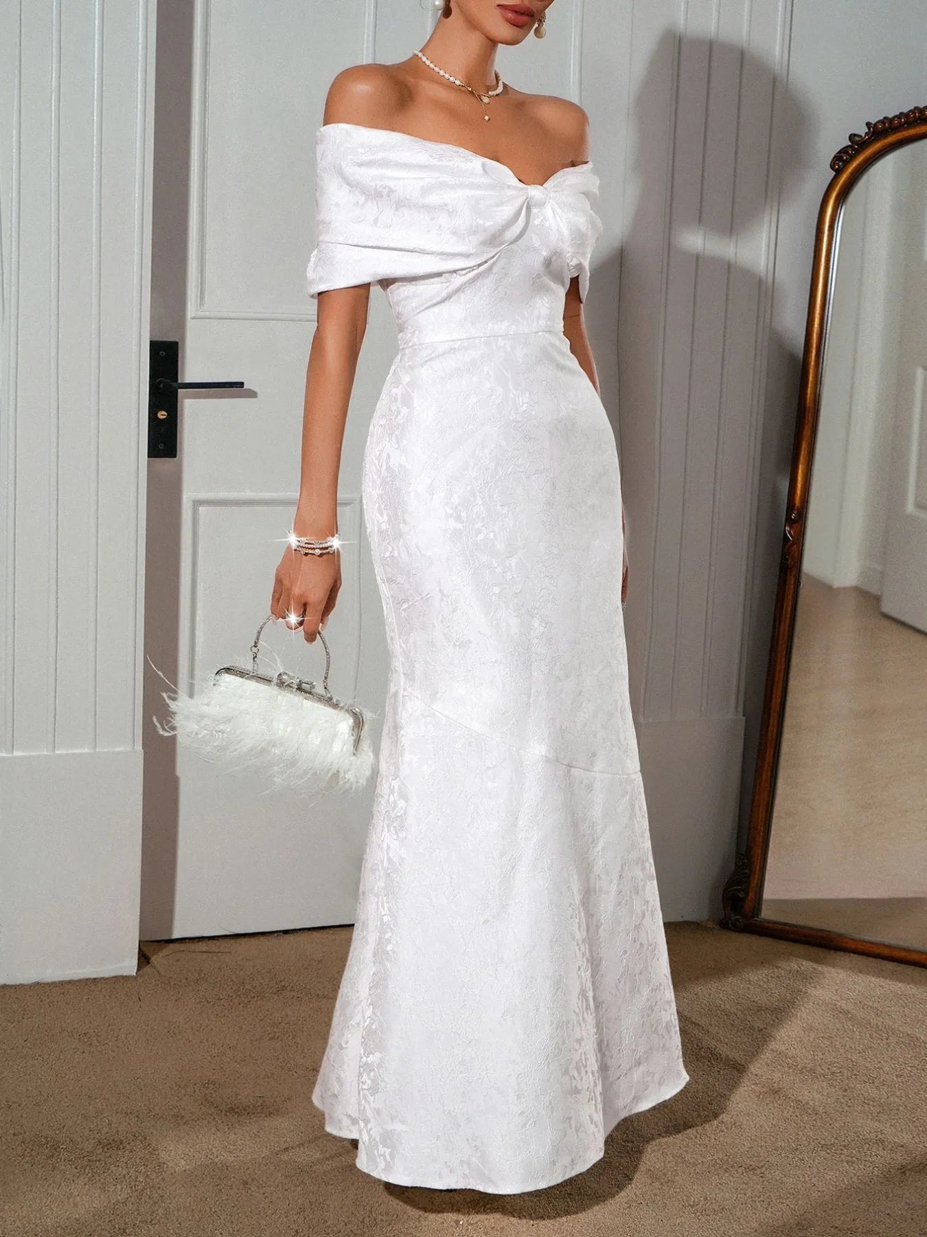 Lace-Up Off-Shoulder Maxi Dress with Statement Bow Detail