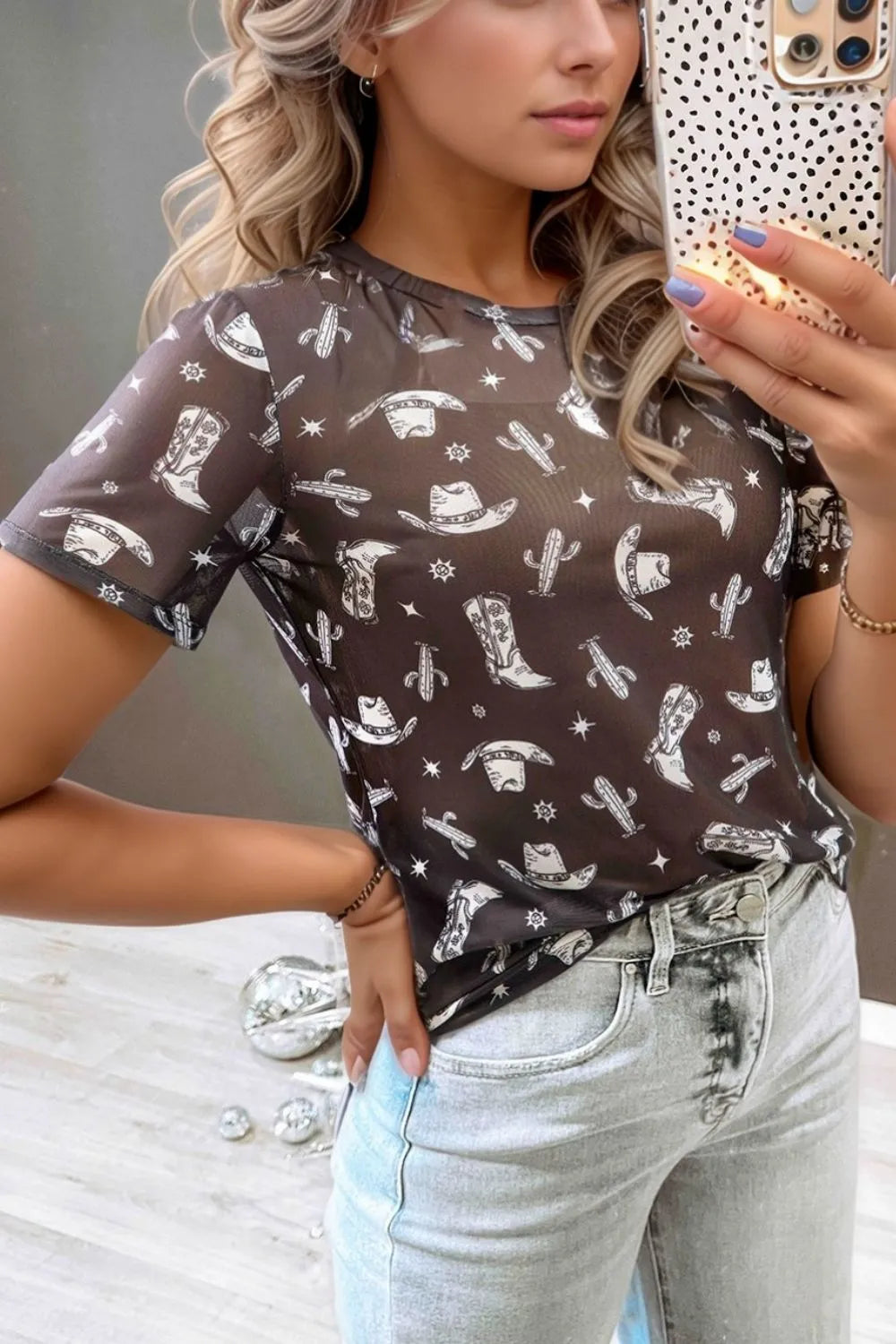 Western Pattern Mesh Sheer Crew Neck Top - Trendy & Layered Look