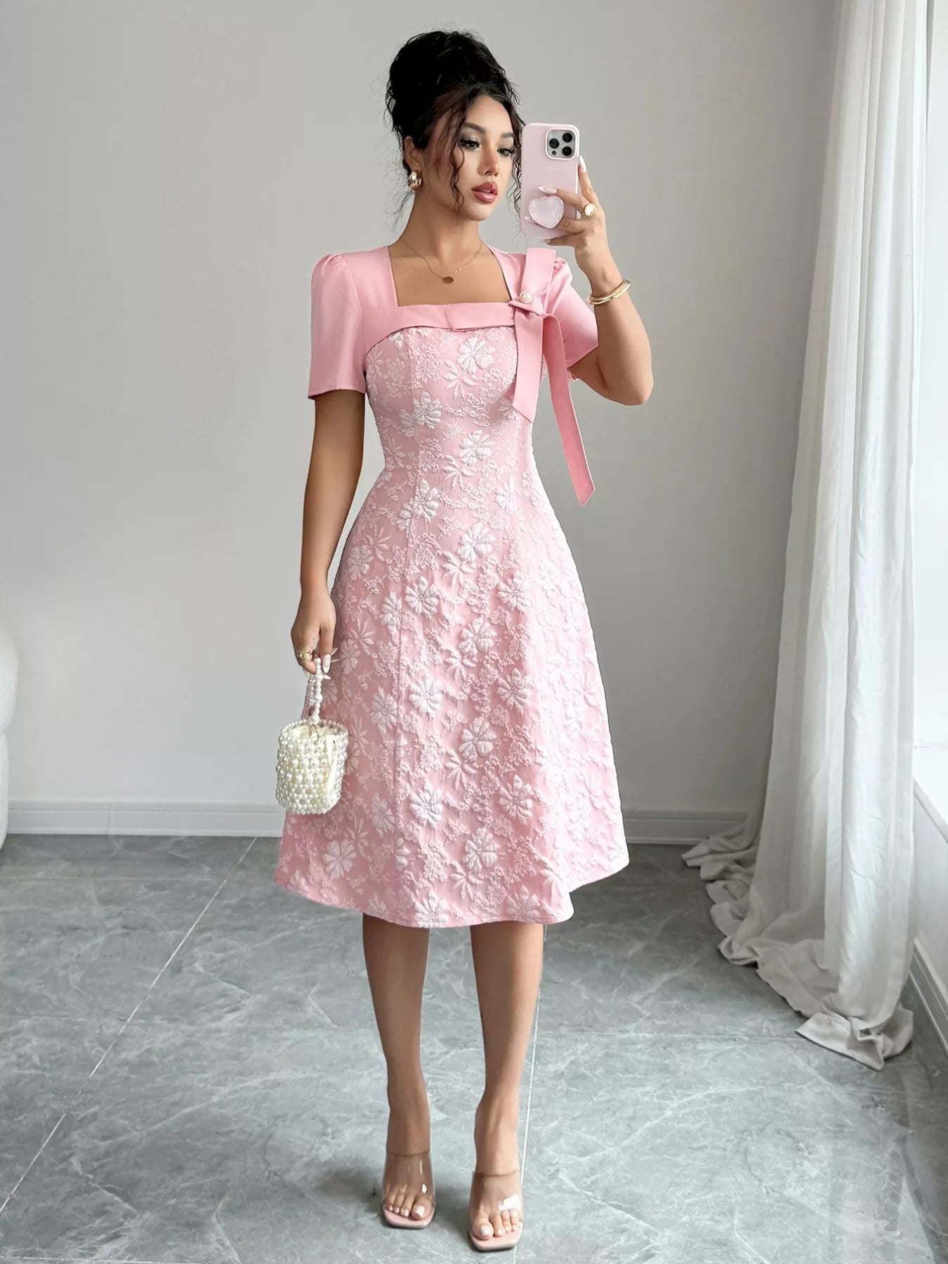 Bow Detail Square Neck Short Sleeve Midi Dress
