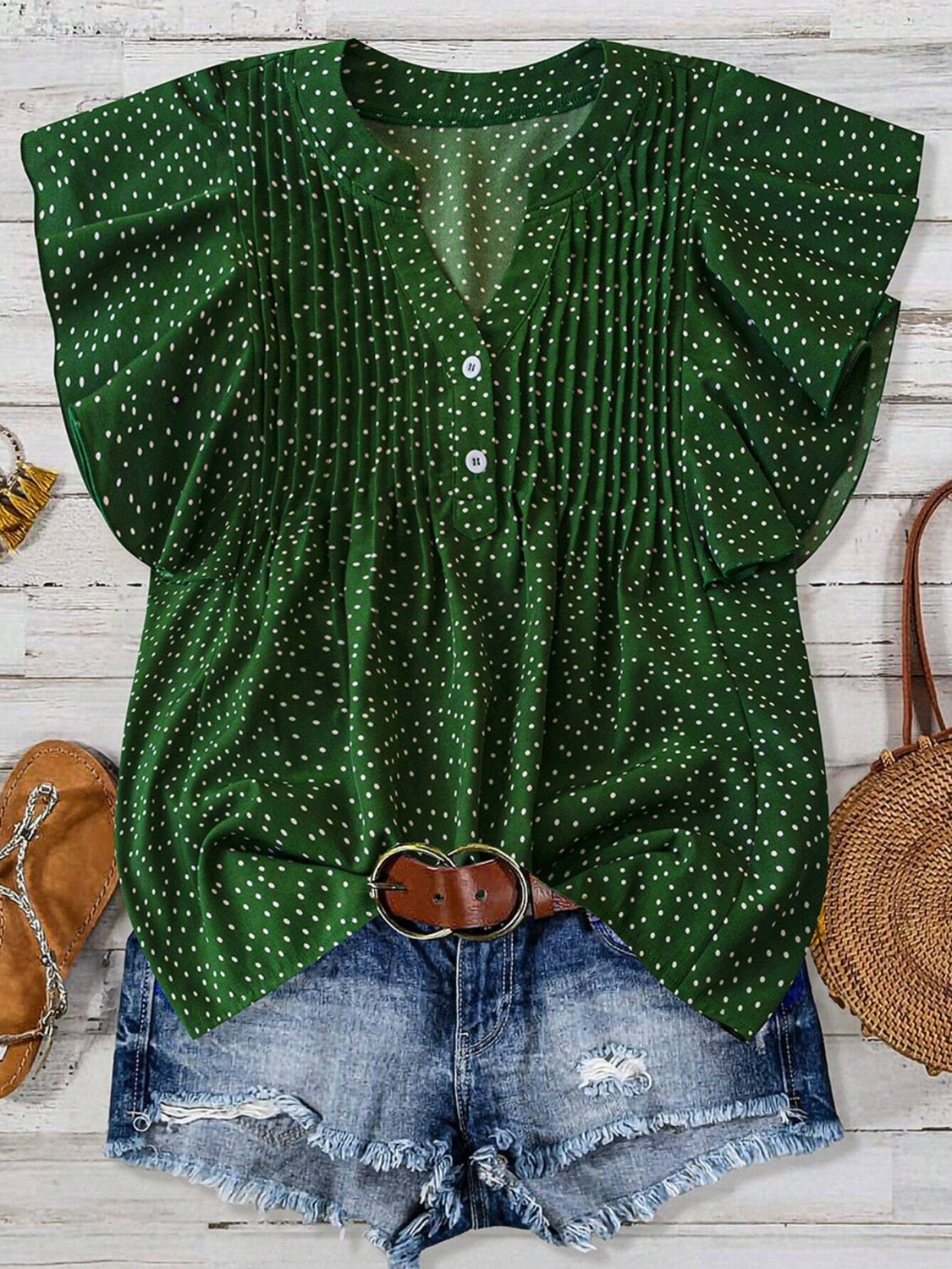 Polka Dot Ruffled Cap Sleeve Blouse - Chic & Feminine Dark Green