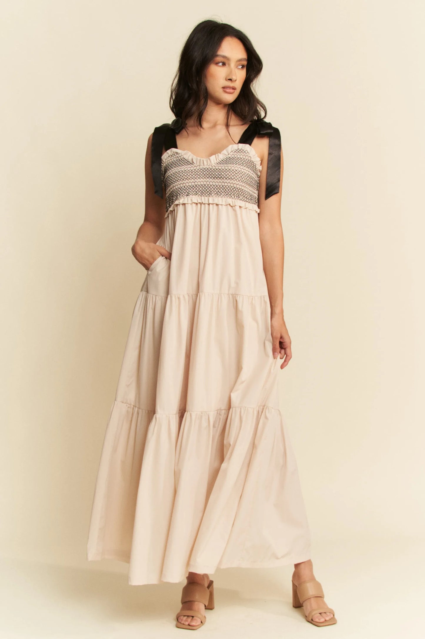 Davi & Dani Multi-Contrast Maxi Dress with Smocked Bodice