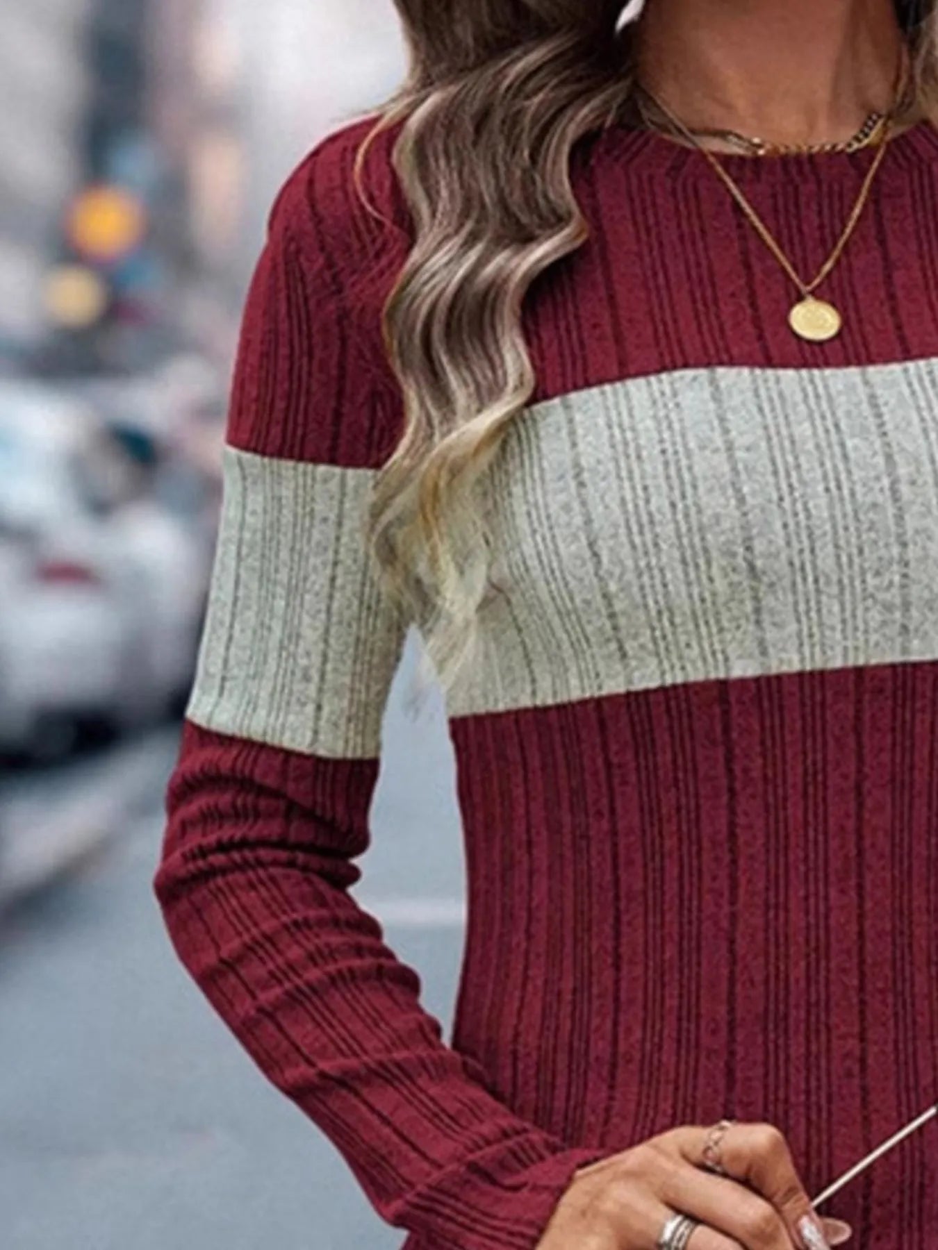 Color Block Round Neck Long Sleeve Sweater – Cozy & Stylish for Fall