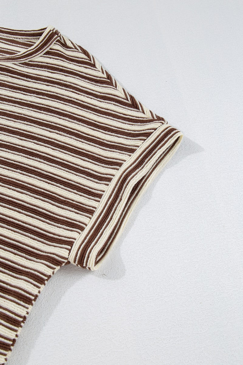 Stripe Textured Crew Neck T-Shirt with Side Slits - Relaxed Fit