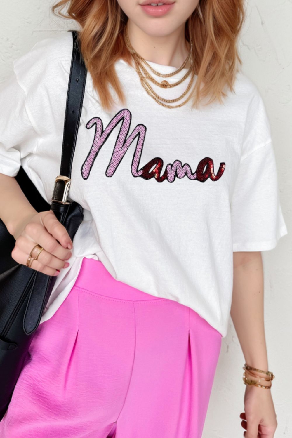 MAMA Sequin Round Neck T-Shirt - Sparkly & Stylish Casual Tee White