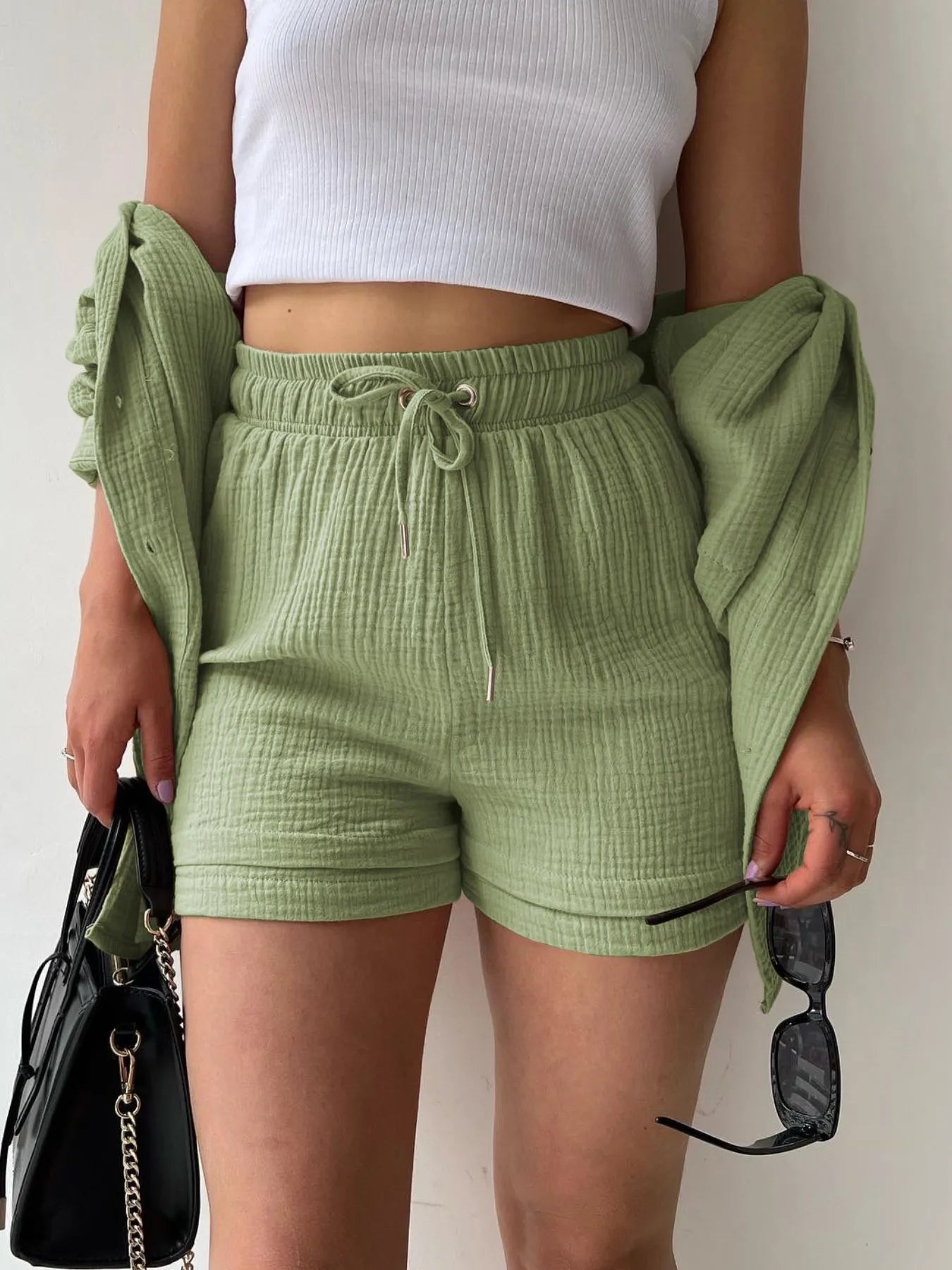 Chic Textured Button-Up Shirt & Shorts Two-Piece Set