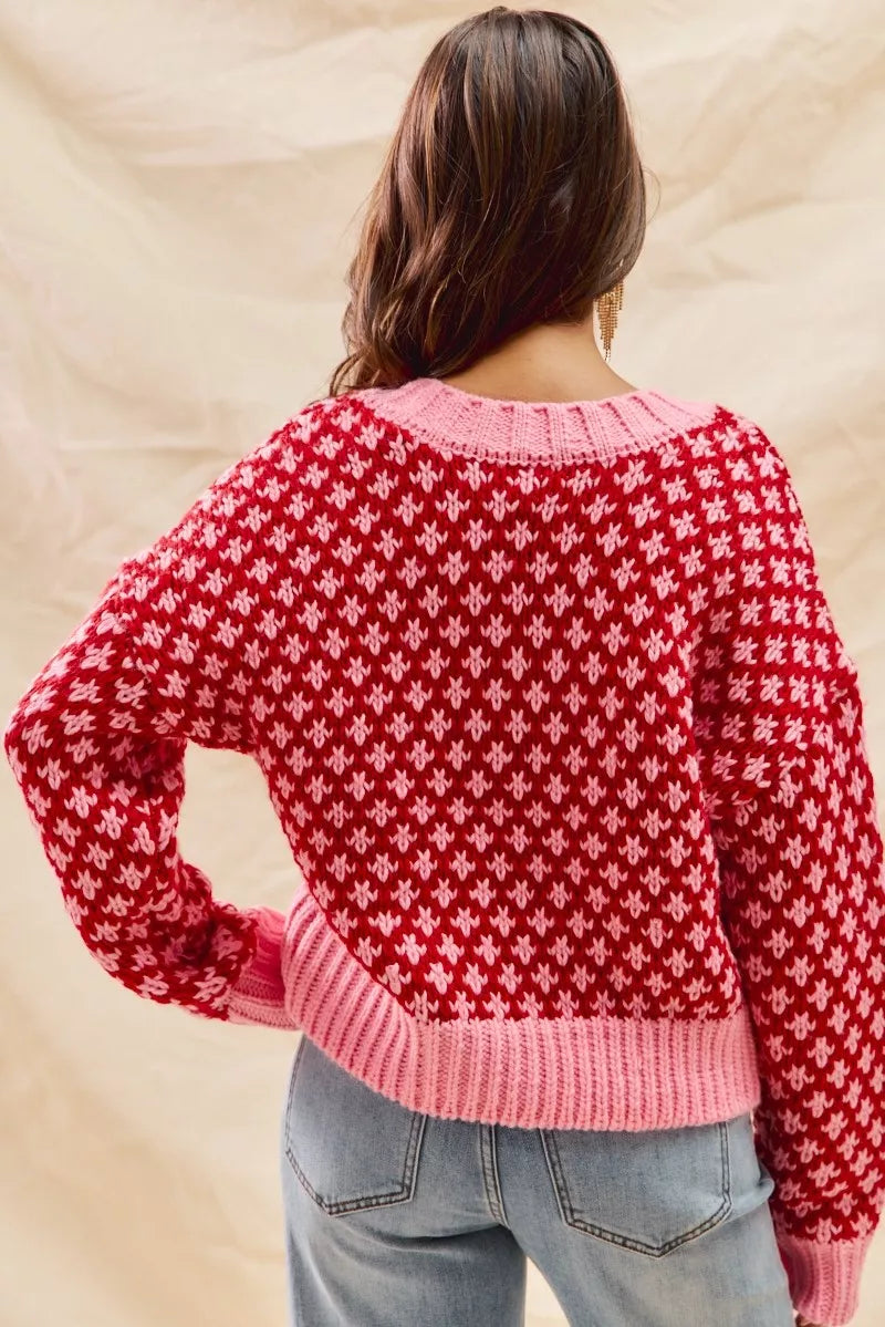 SO ME Color Block Textured V-Neck Christmas Sweater Top