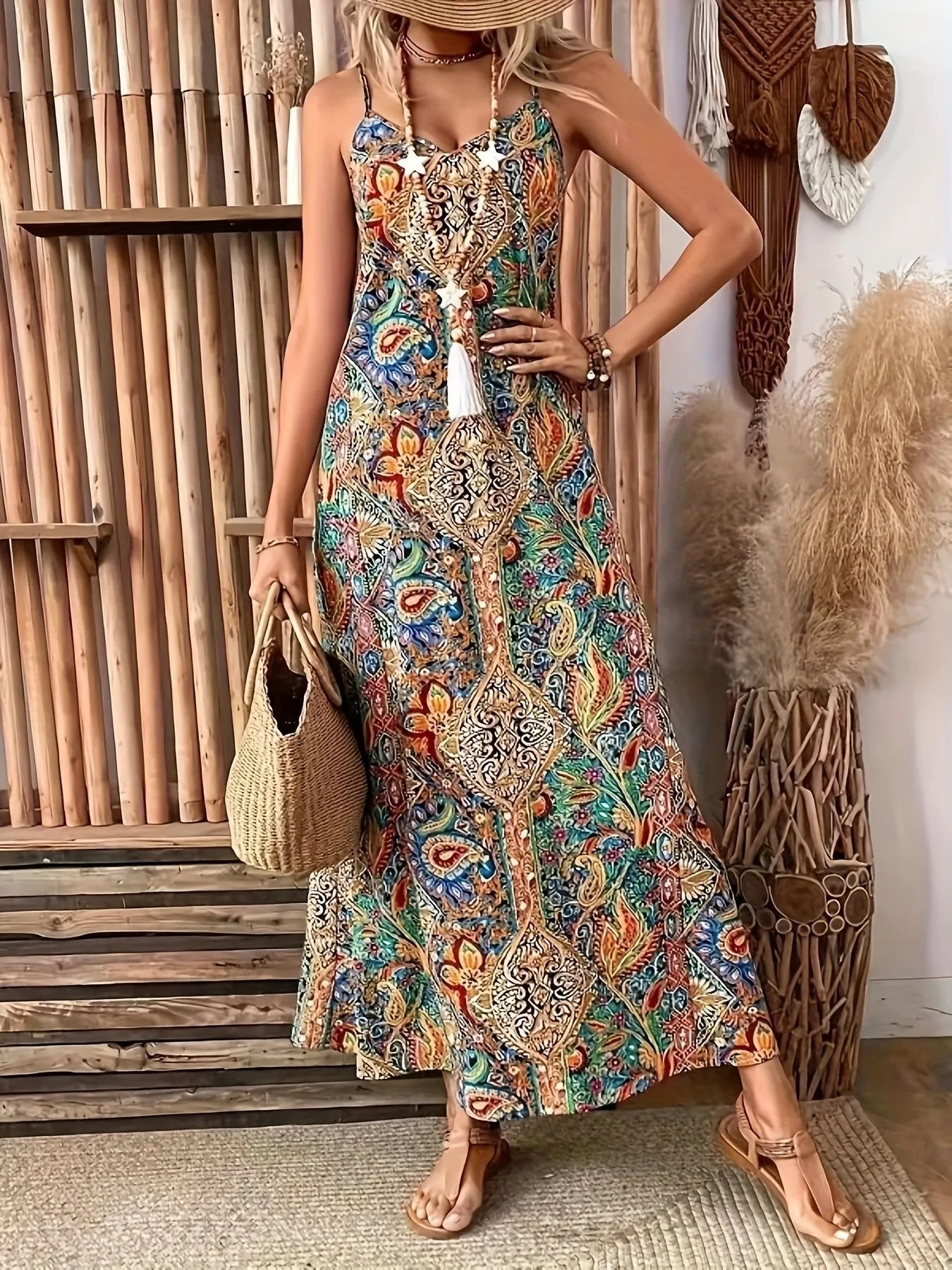 Paisley Print V-Neck Stretch Maxi Dress