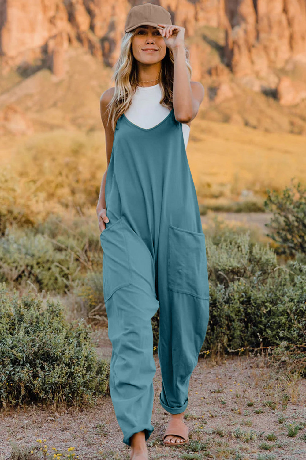 Double Take Full Size V-Neck Sleeveless Jumpsuit with Pockets Pastel Blue