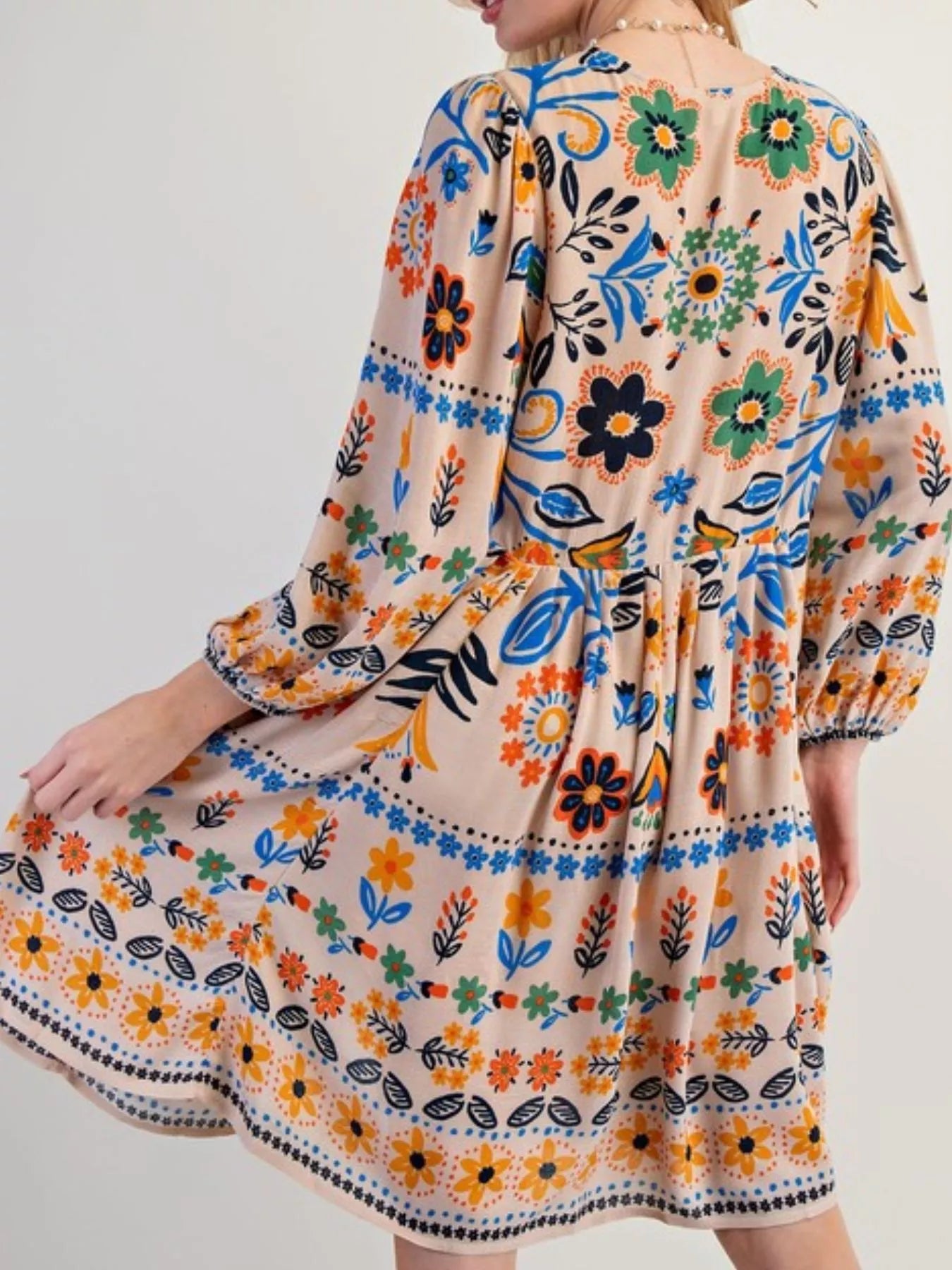 Bohemian Floral Print Ruched Long Sleeve Pocketed Mini Dress