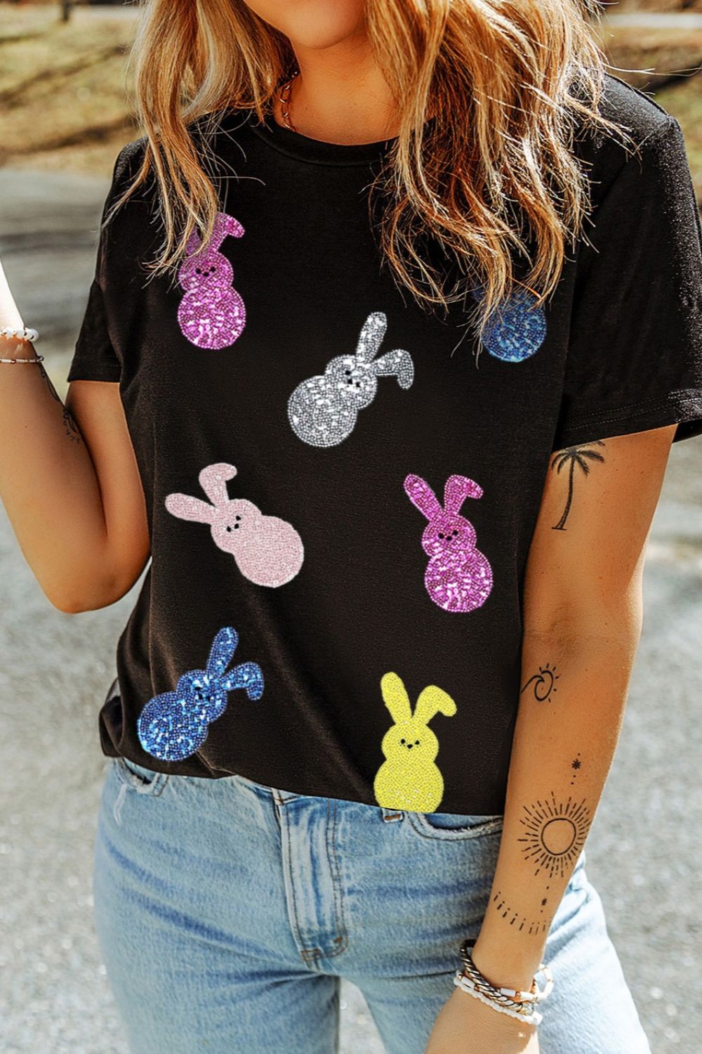 Sequin Bunny Doll T-Shirt - Sparkly Easter Short Sleeve Tee