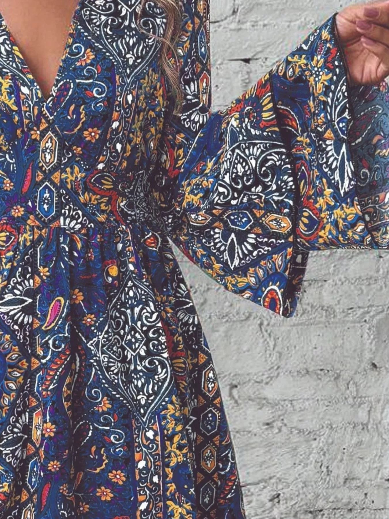 Paisley Print V-Neck Ruffled Flounce Sleeve Dress