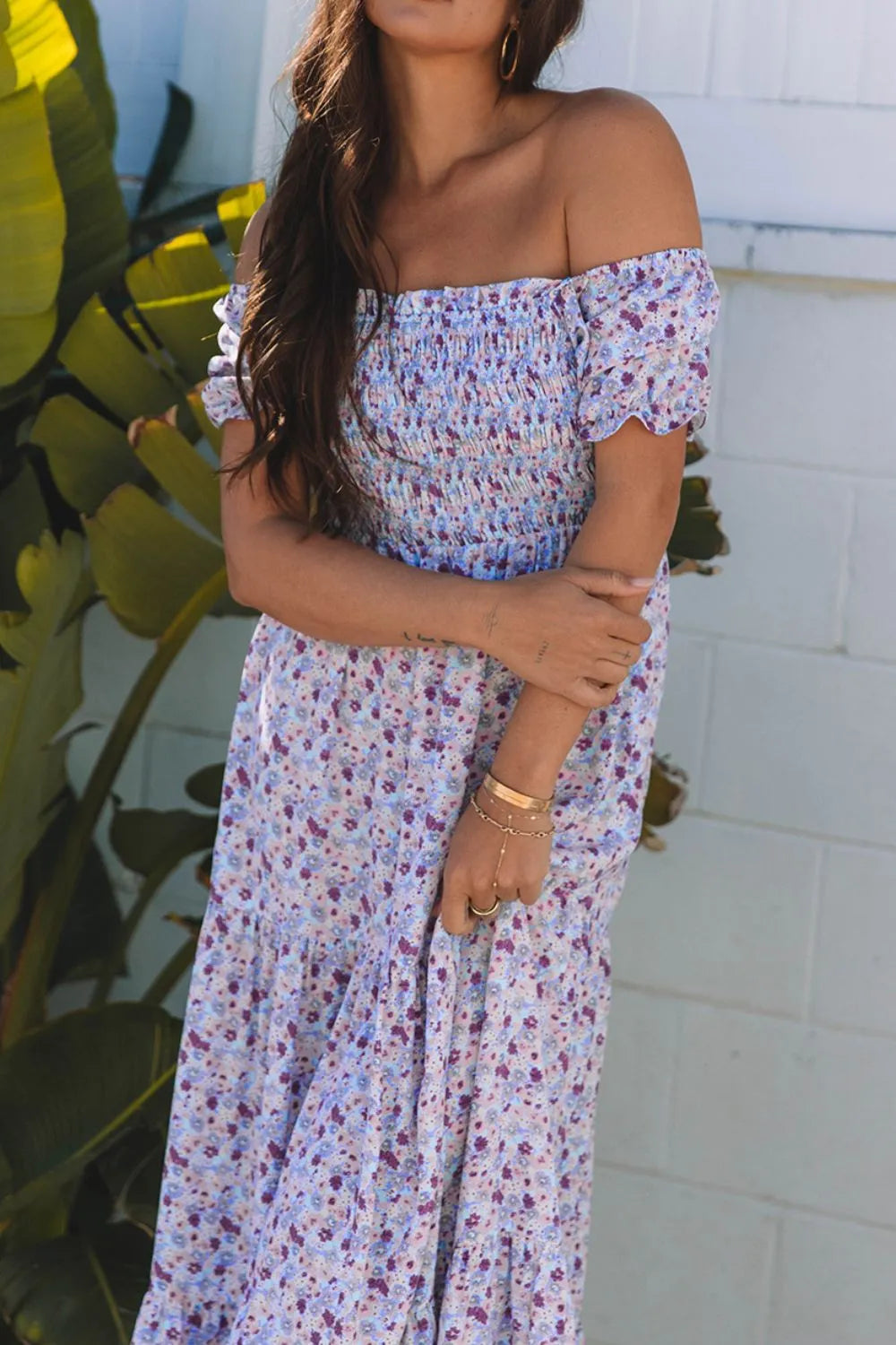 Floral Tiered Maxi Dress - Shirred Waist Elegance