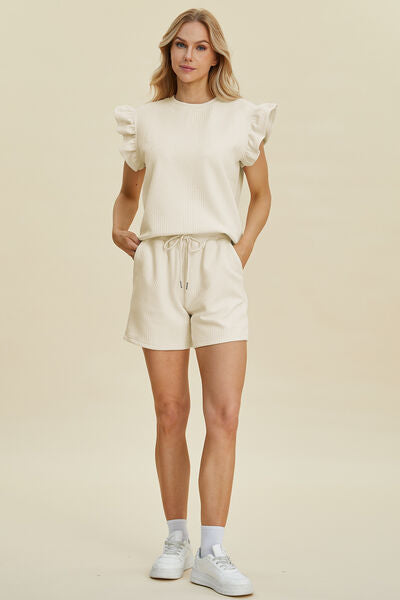 Textured Ruffle Sleeve Top & Shorts Set - Chic & Comfy