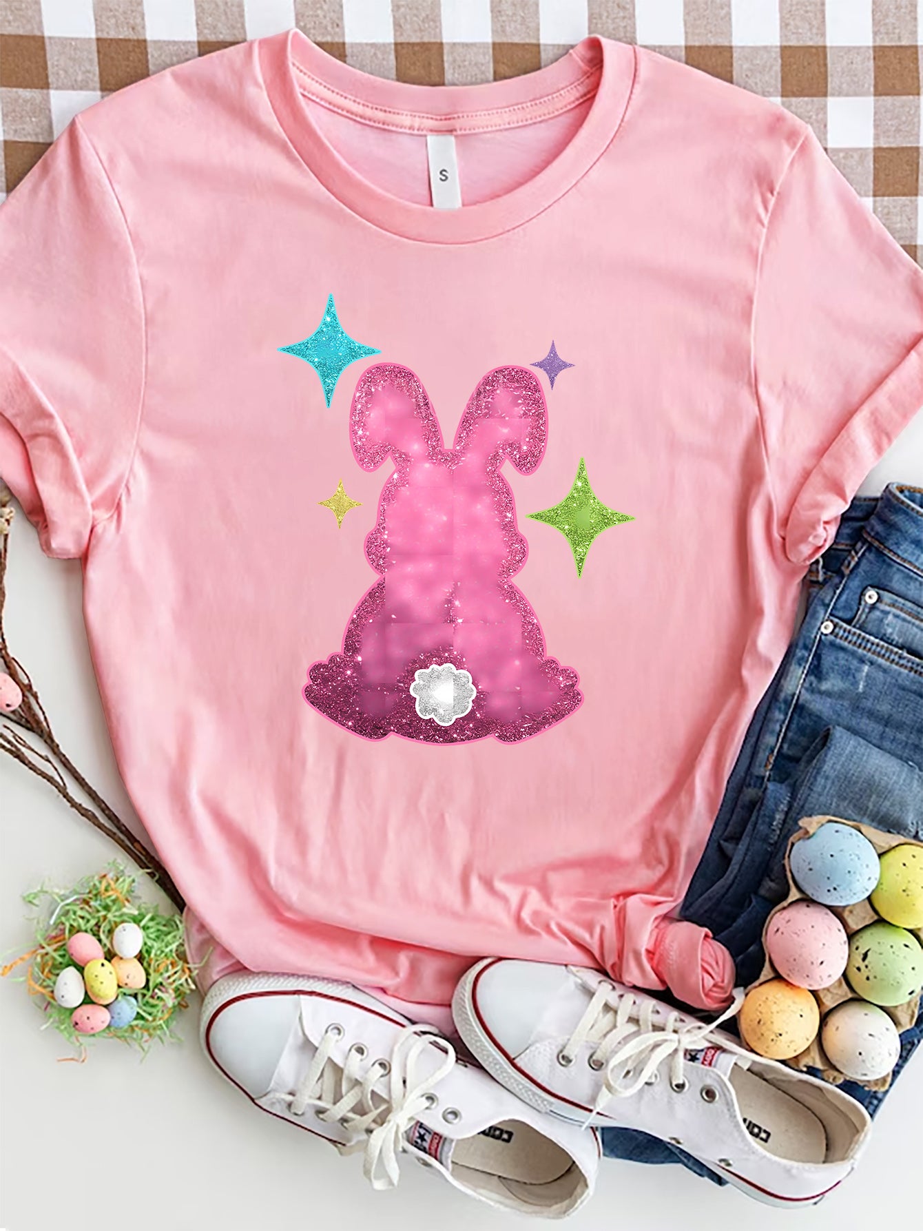 Rabbit Graphic Short Sleeve T-Shirt - Casual & Comfy Pink