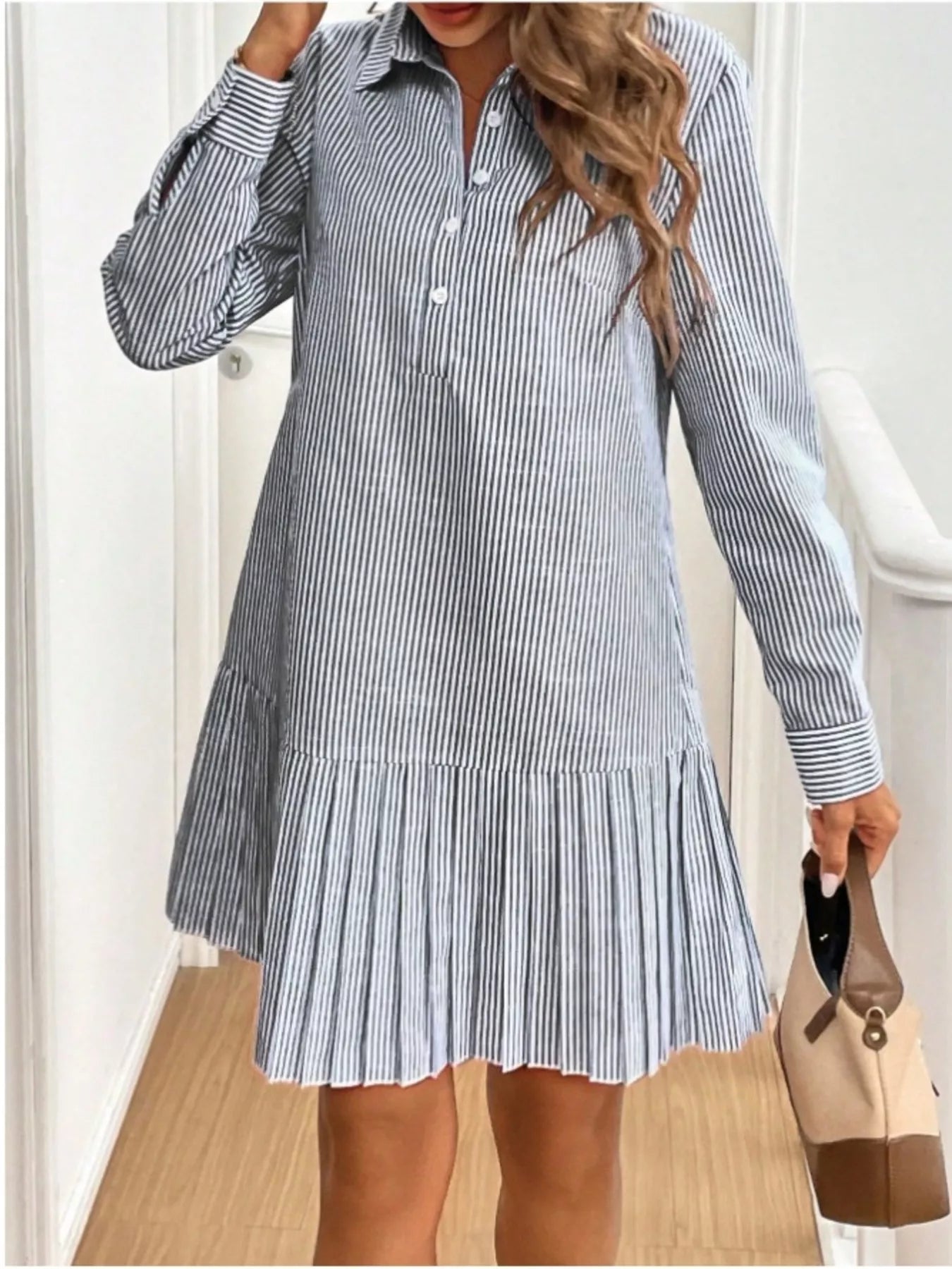Classic Striped Pleated Hem Button-Up Shirt Dress