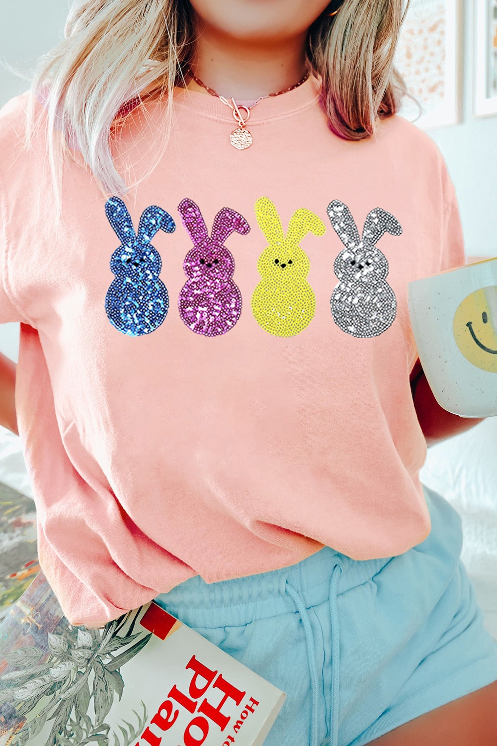 Sequin Bunny T-Shirt - Cute & Sparkly Easter Tee Watermelon Pink