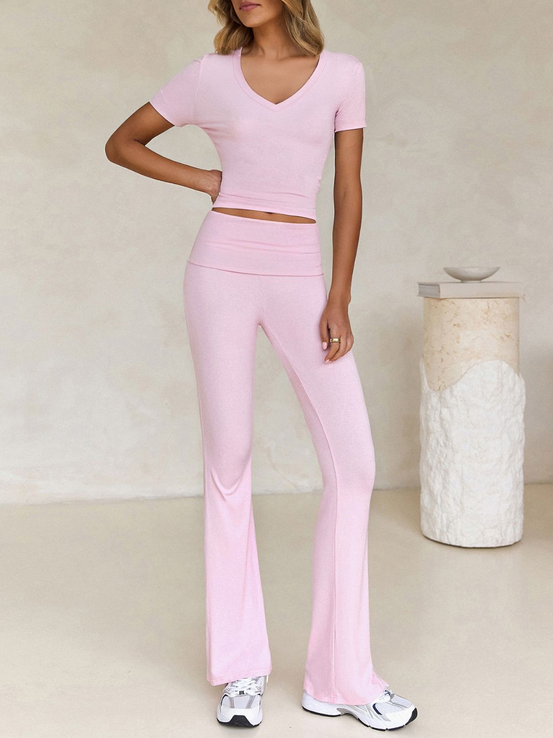 Devine V-Neck Top & Bootcut Leggings Set - Chic & Comfy