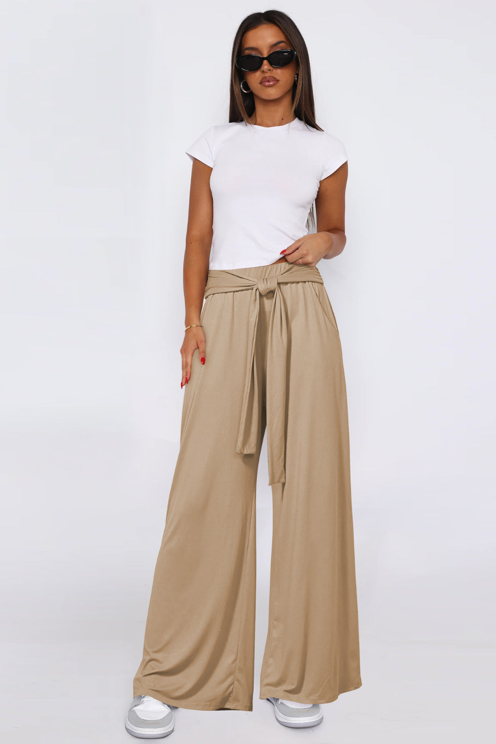 Tied Pocketed Wide-Leg Pants - Chic & Comfortable Tan