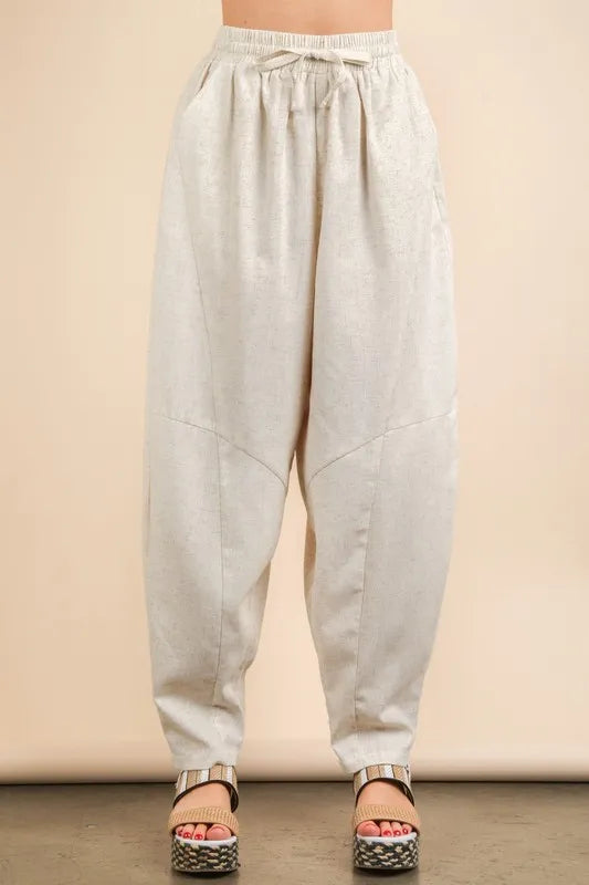 VERY J Solid Woven Barrel Pants with Drawstring Waist