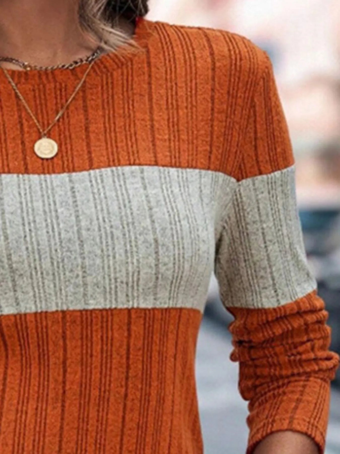 Color Block Round Neck Long Sleeve Sweater – Cozy & Stylish for Fall