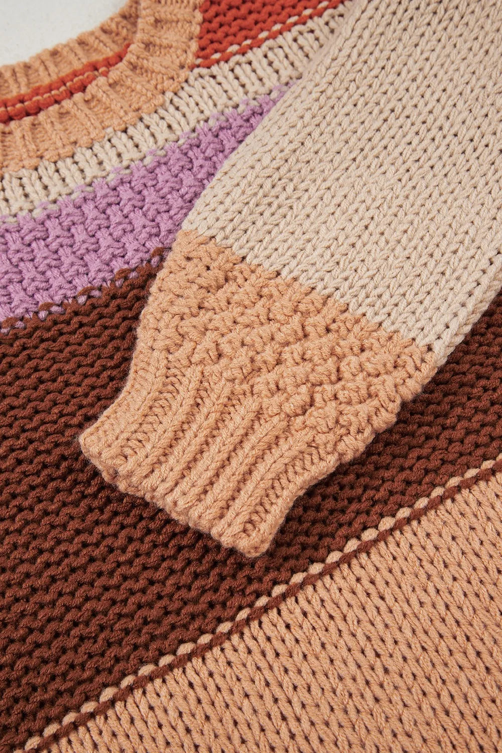 Cozy Colorblock Striped Round Neck Sweater – Soft Acrylic Women’s Pullover