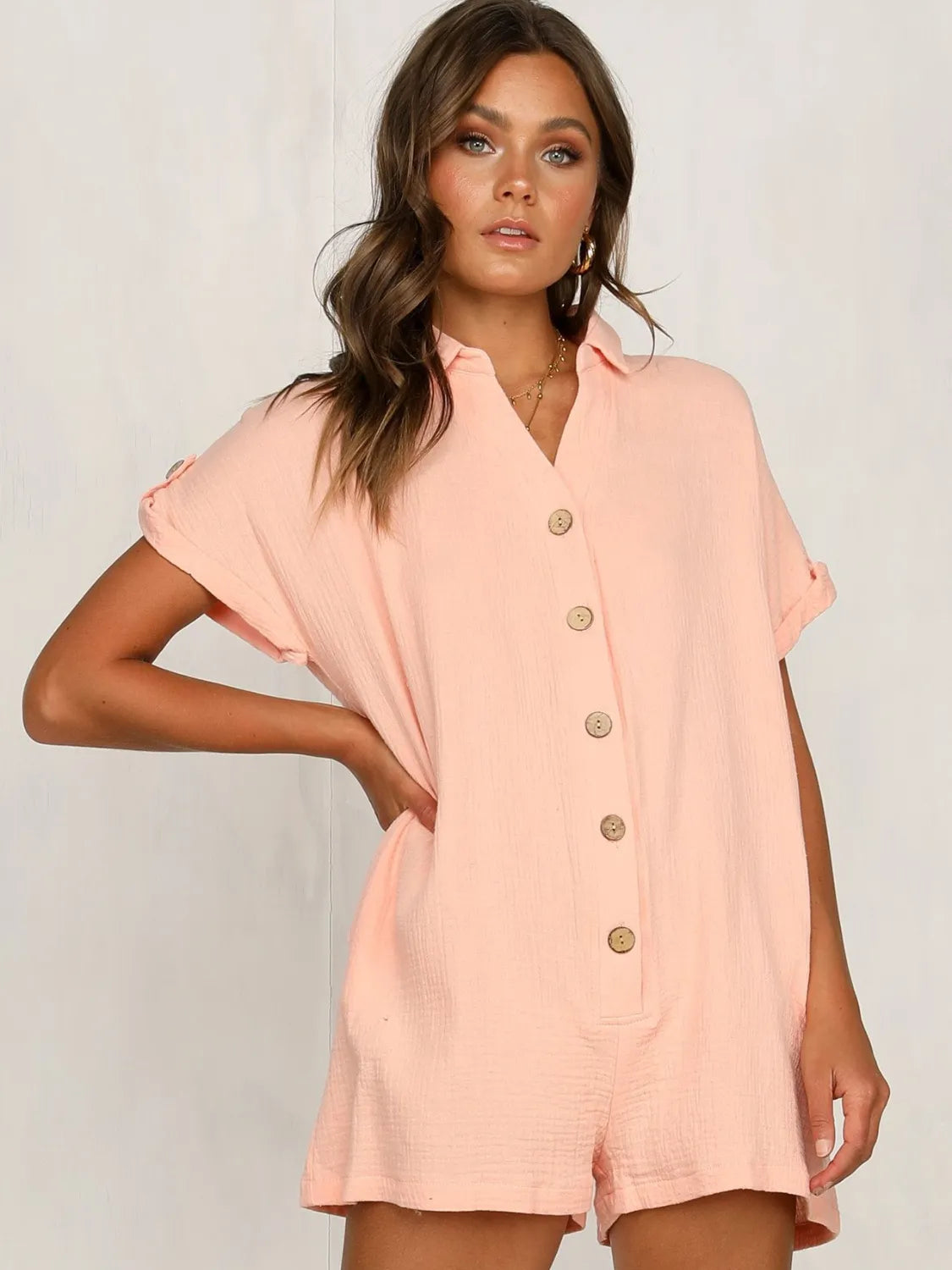 Button-Front Pocketed Short Sleeve Romper Apricot