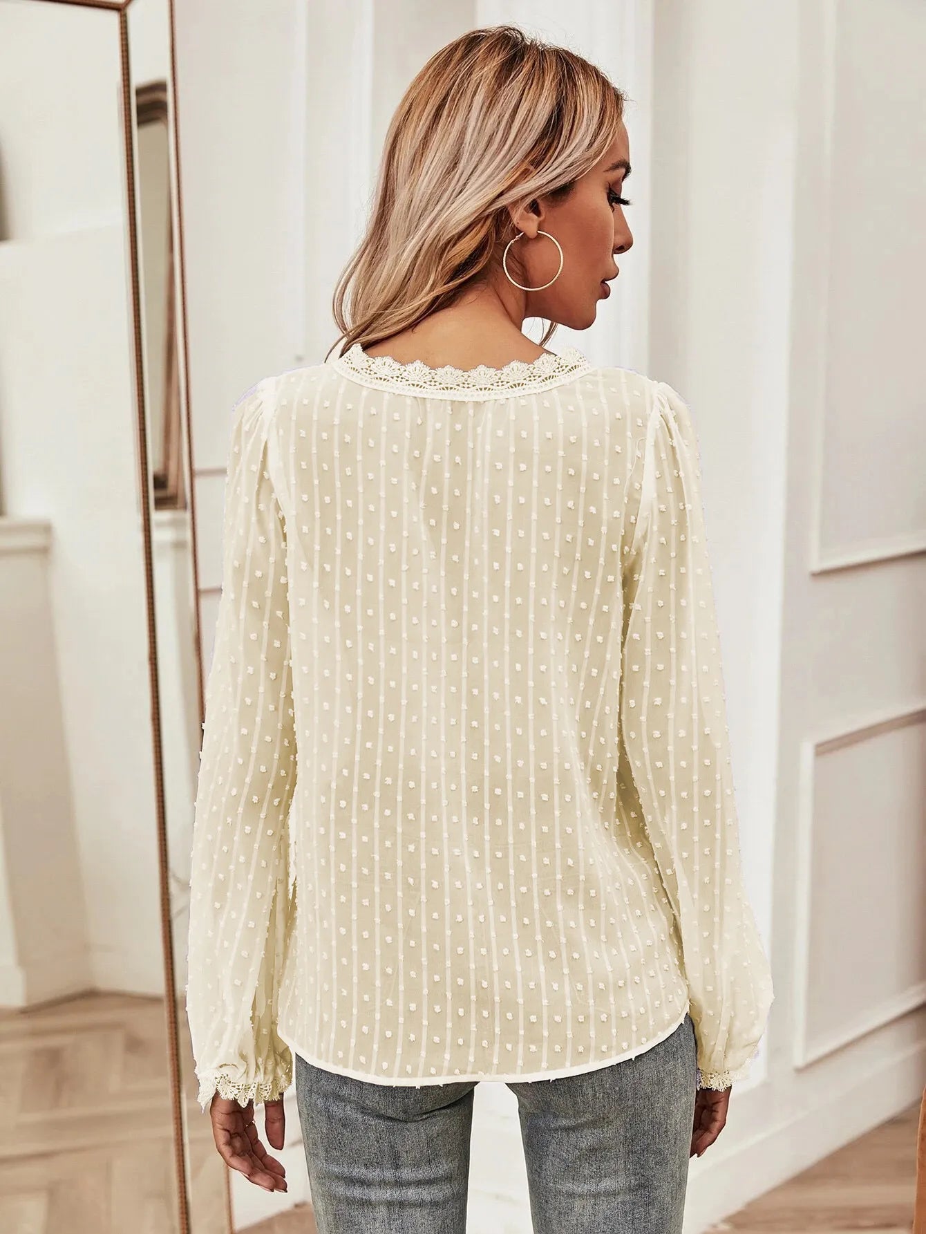 Swiss Dot Lace V-Neck Blouse - Elegant & Stylish
