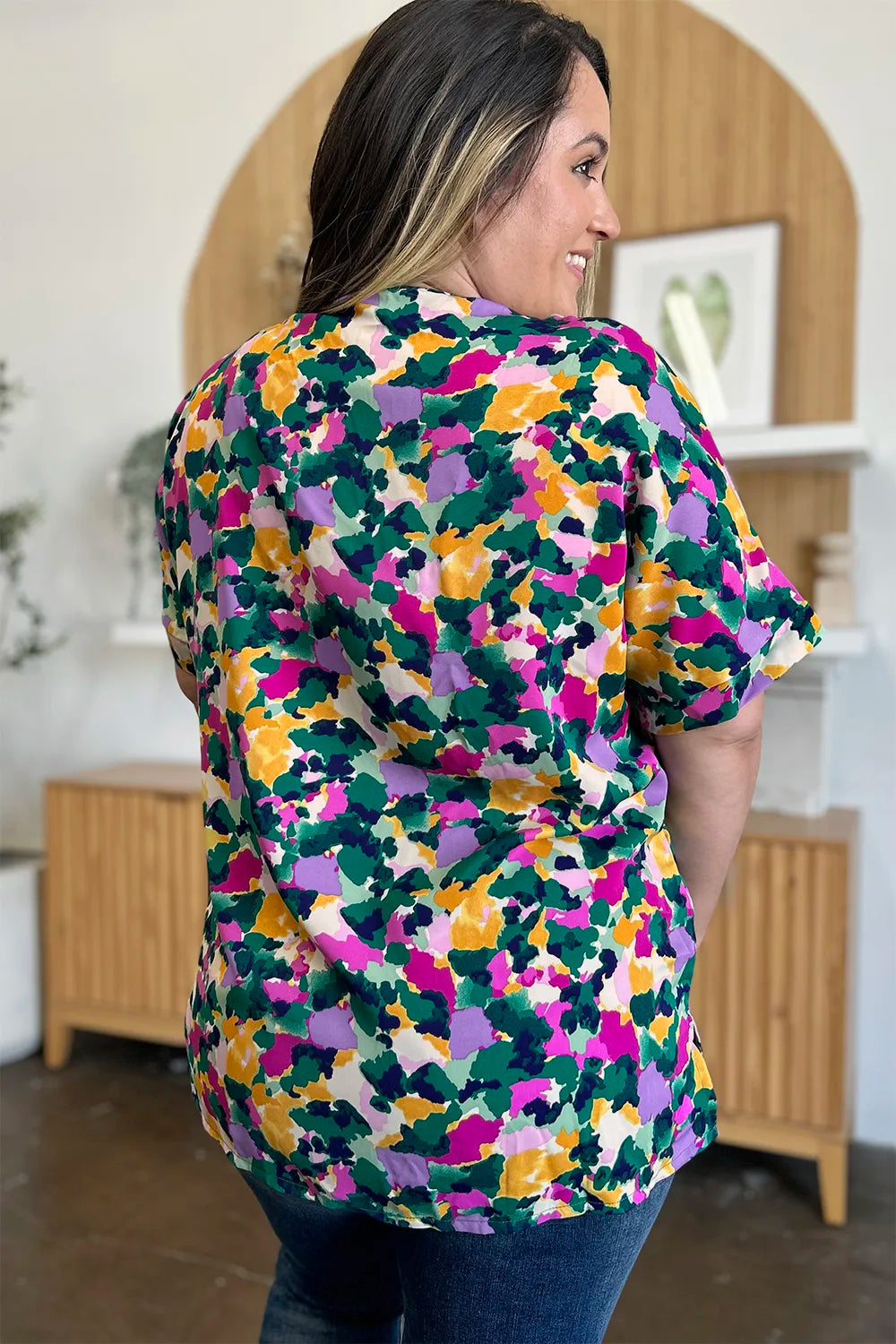 Double Take Plus Size Printed V-Neck Slit Top – Flowy & Chic