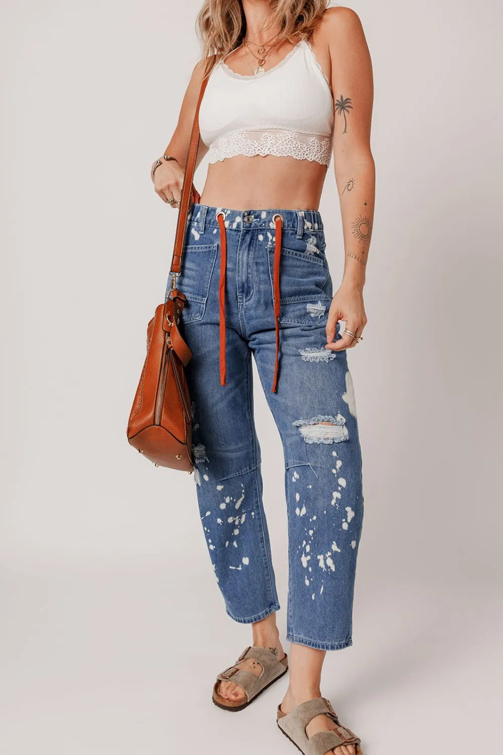 Distressed Splatter Paint Cropped Straight Jeans with Drawstring Waist