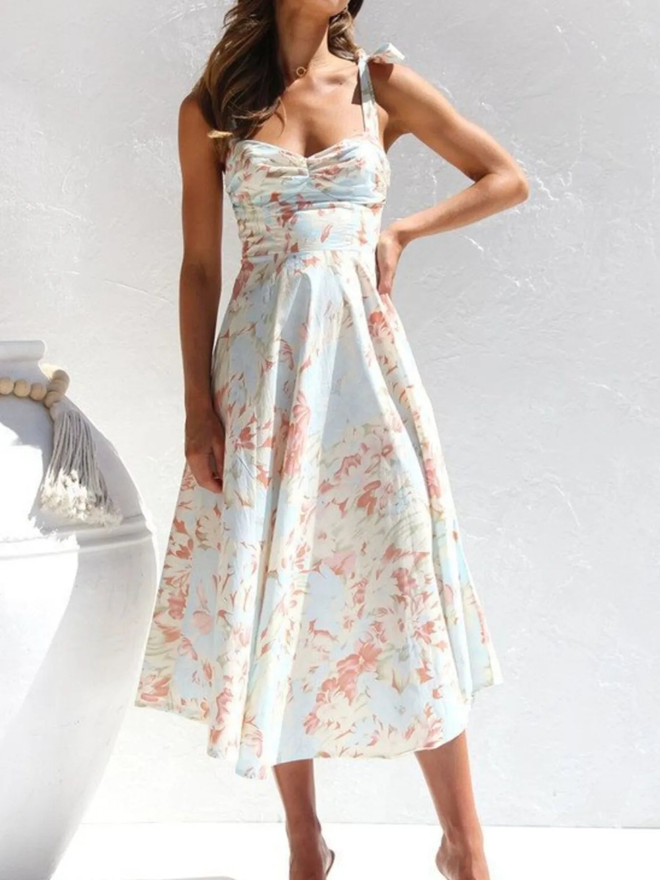 Floral Tie-Strap Sweetheart Neck Midi Dress – Elegant Summer Sleeveless Dress Burnt Coral