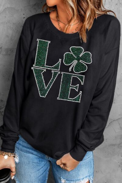 LOVE Rhinestone Clover Sweatshirt - Sparkly, Comfortable, and Stylish