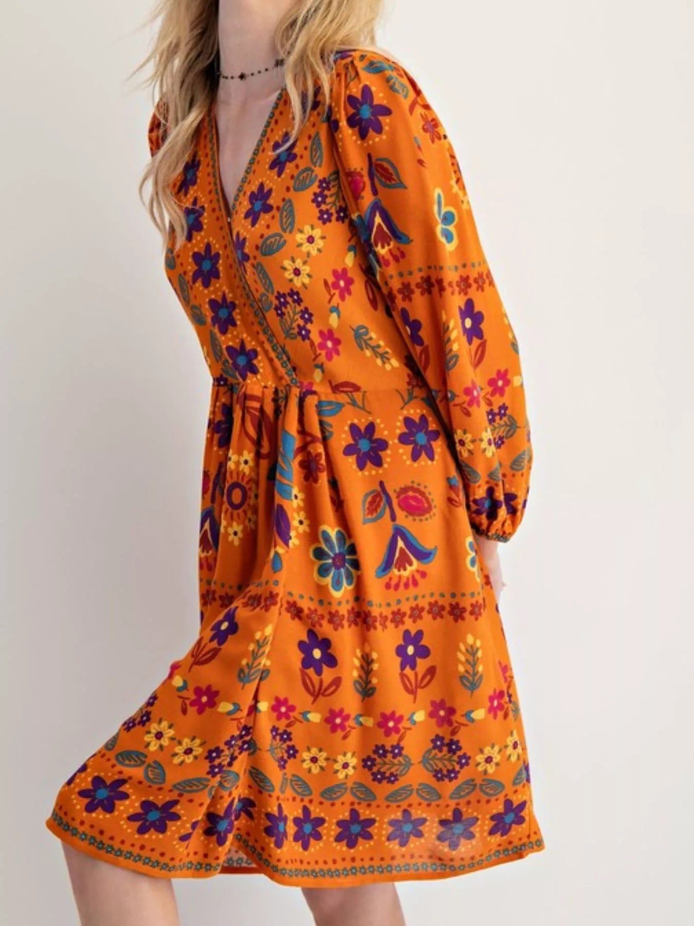 Bohemian Floral Print Ruched Long Sleeve Pocketed Mini Dress