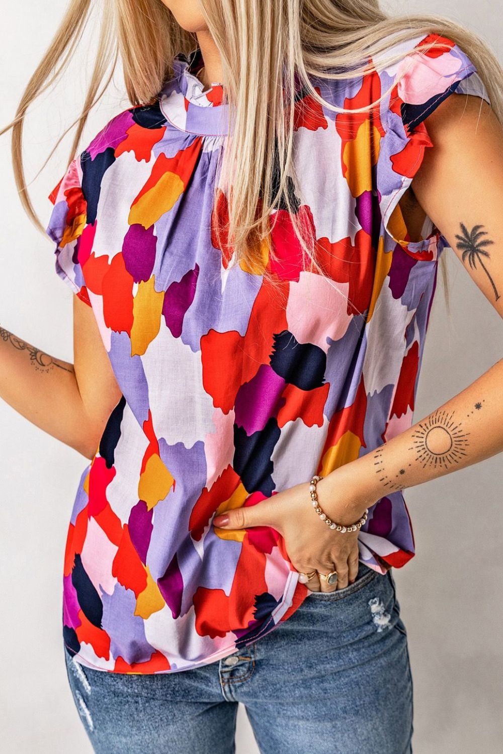 Frill Printed Mock Neck Cap Sleeve Blouse Red