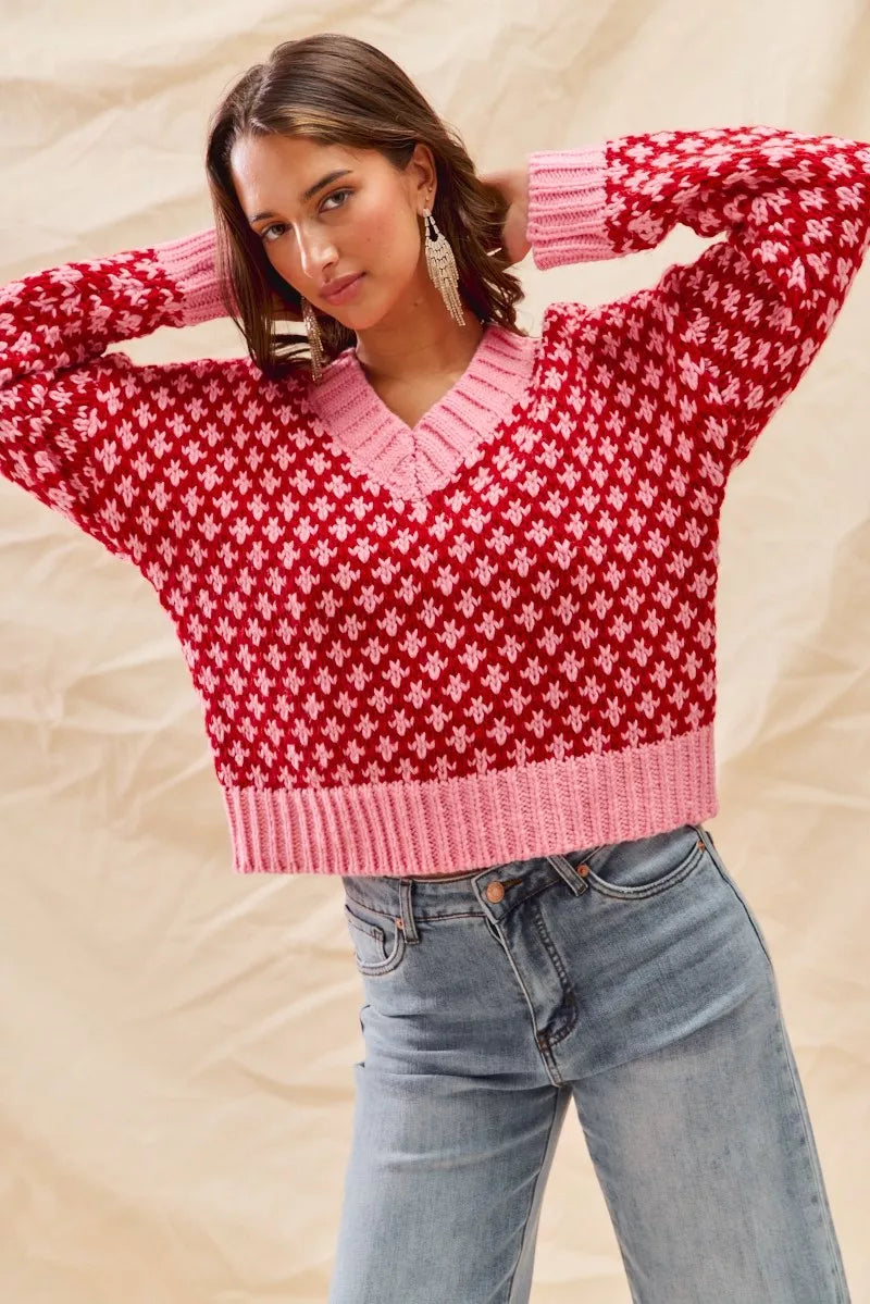 SO ME Color Block Textured V-Neck Christmas Sweater Top