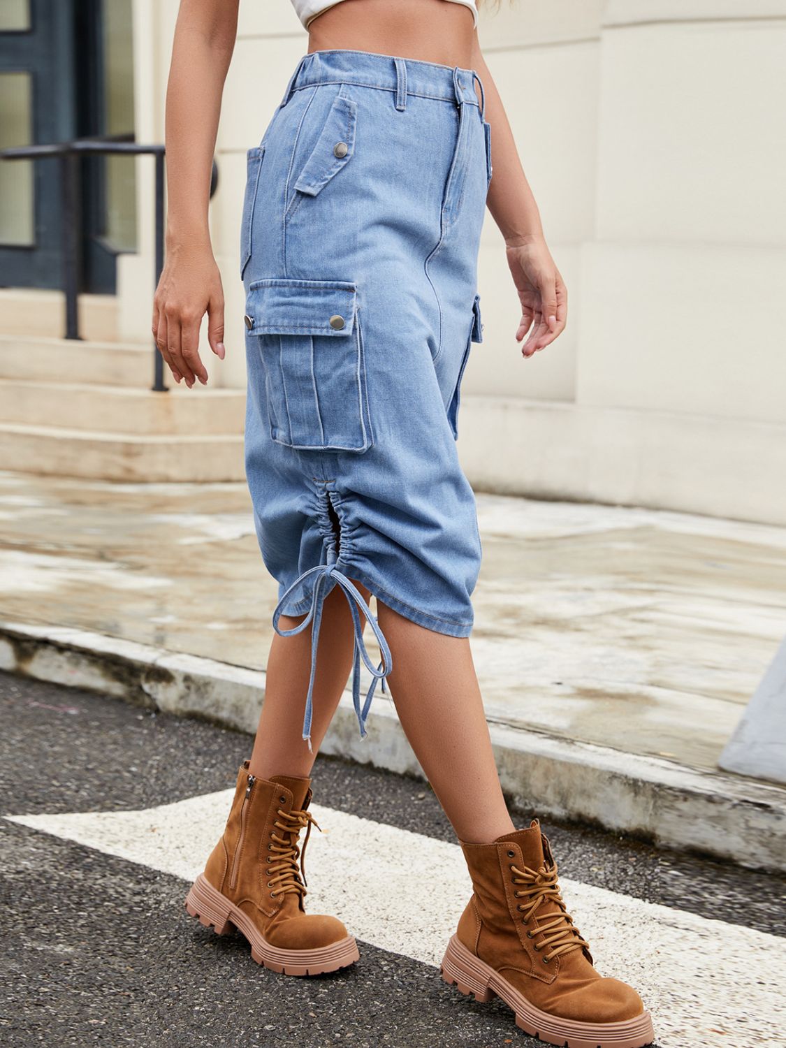 Drawstring Denim Skirt with Cargo Pockets - Casual & Stylish Medium