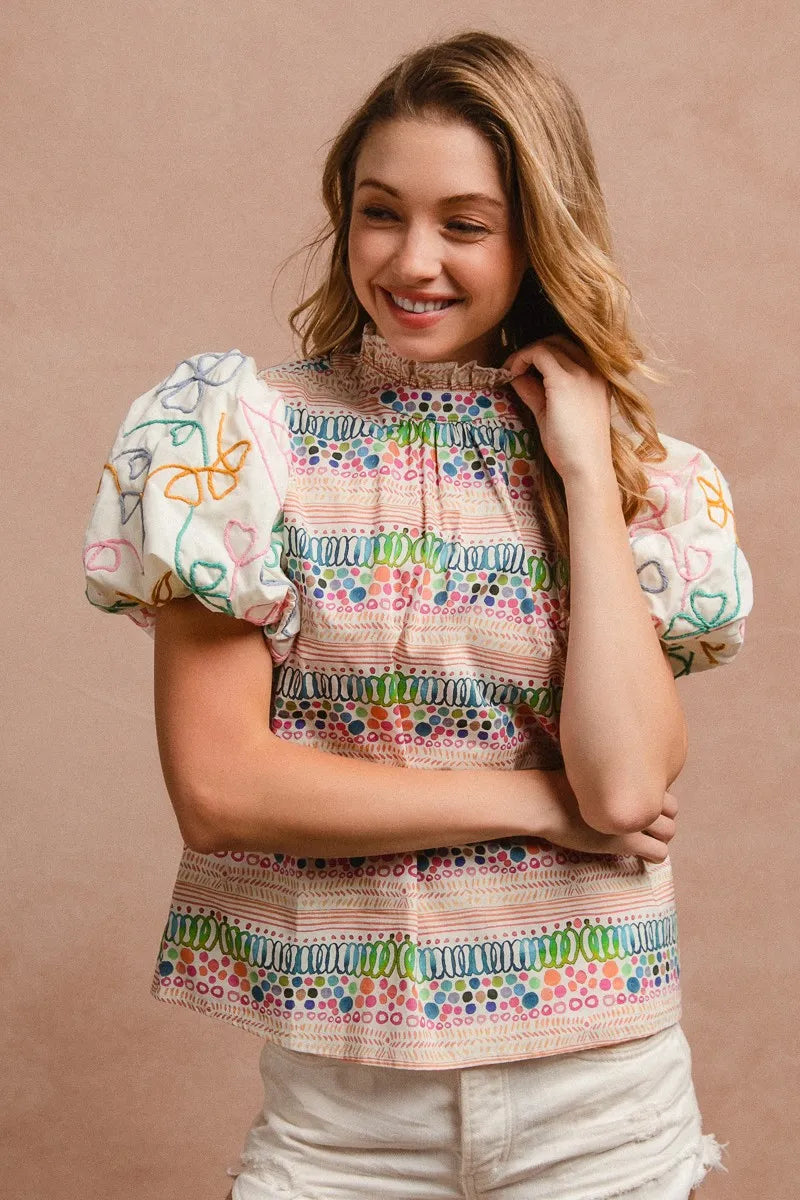 BiBi Ruffle Neckline Blouse With Embroidery Bubble Sleeve