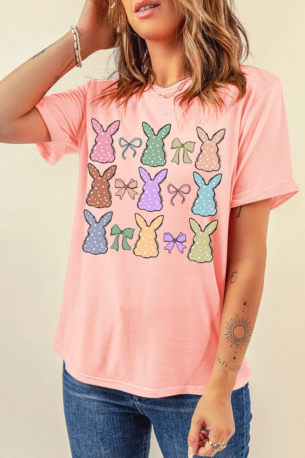 Dotty Bunny Bow Graphic T-Shirt - Cute Easter Tee for Women