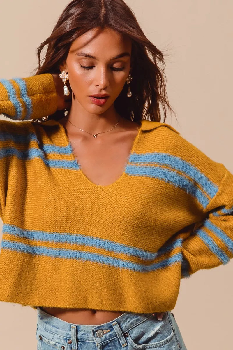 SO ME Fuzzy Striped Deep U-Neck Sweater – Oversized Cozy Top