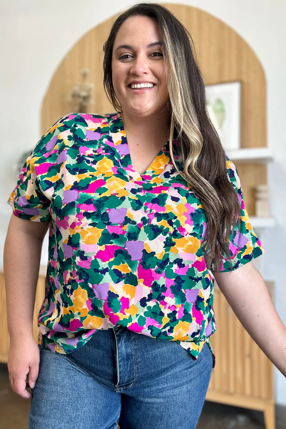 Double Take Plus Size Printed V-Neck Slit Top – Flowy & Chic