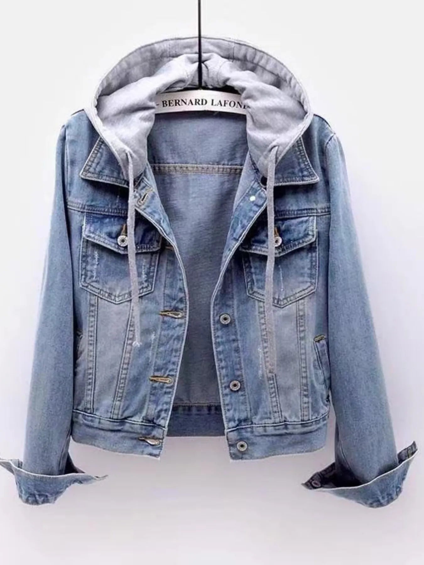 Plus Size Hooded Drawstring Denim Jacket with Button-Up Front