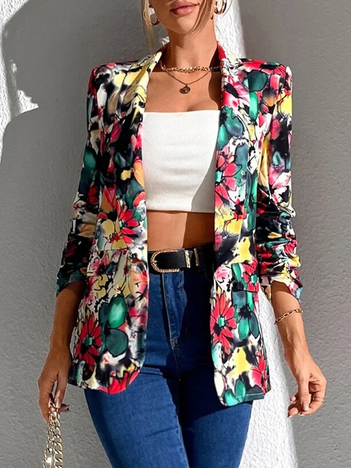 Vibrant Floral Open Front Blazer – Lightweight & Chic
