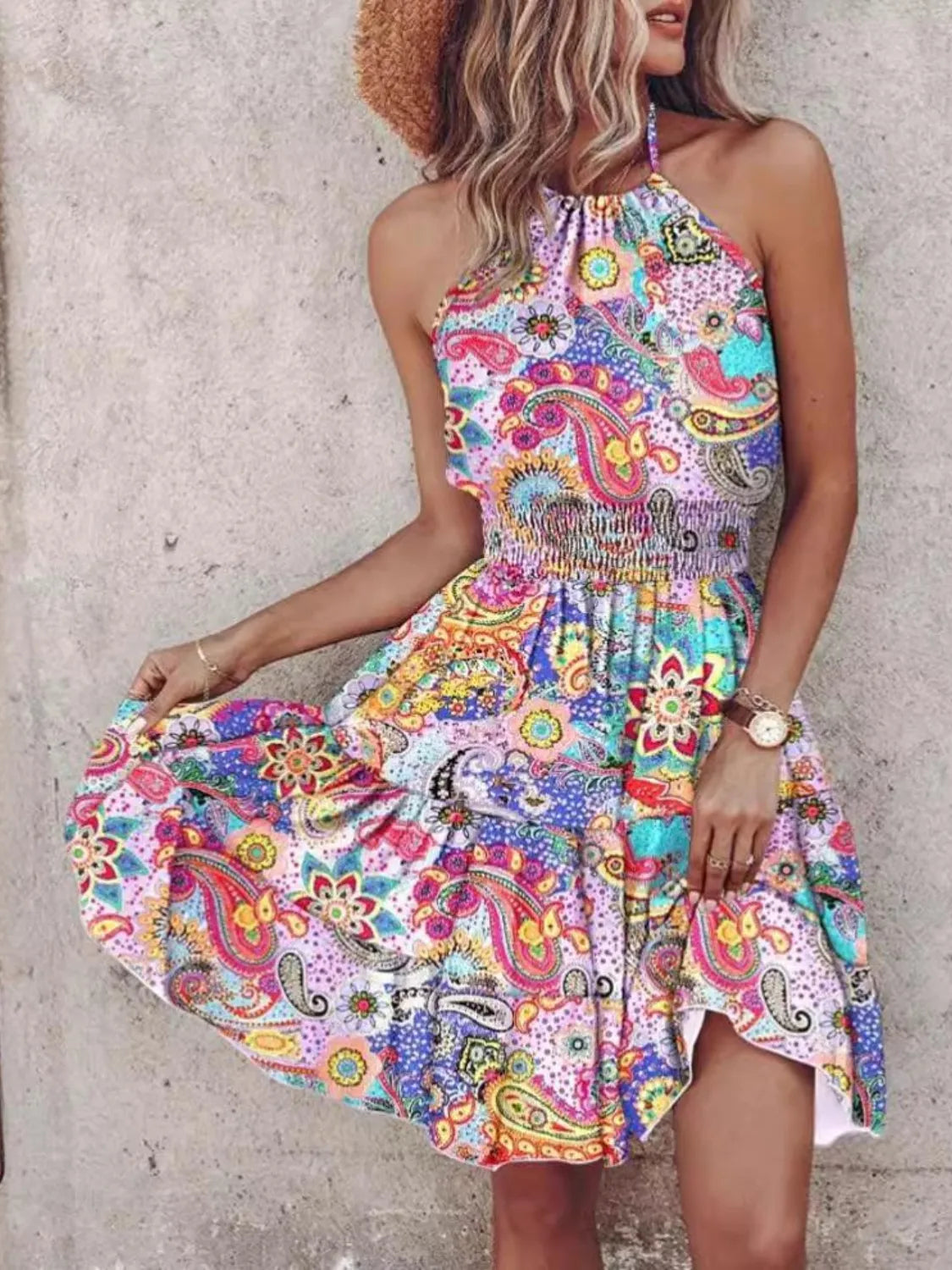 Smocked Printed Halter Neck Backless Mini Dress Pink Purple